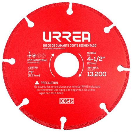 DDS45 Disco de diamante segmentado multicorte de 4-1/2" eje de 7/8" para esmeriladora angular, 8 600 rpm Urrea