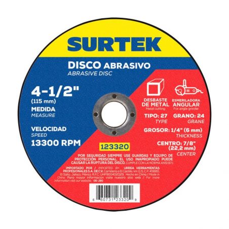 123320 Disco abrasivo tipo 27 para metal 4-1/2" x 1/4" Surtek