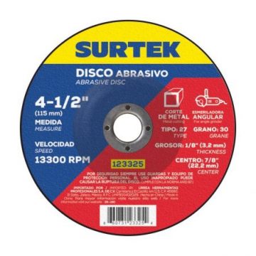 123325 Disco abrasivo tipo 27 para metal 4-1/2" x 1/8" Surtek