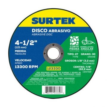 123330 Disco abrasivo tipo 27 para piedra 4-1/2" x 1/8" Surtek