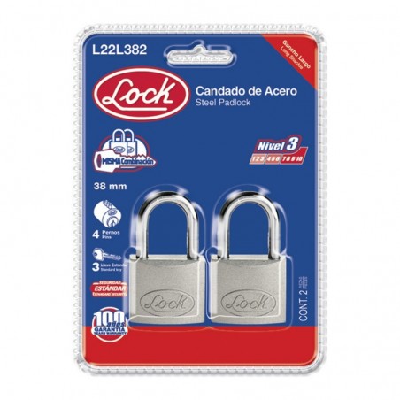 L22L382 Candado acero largo llave estándar 2 pzs cromo satinado Lock