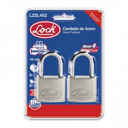 L22L452 Candado acero largo llave estándar 2pzs cromo satinado Lock