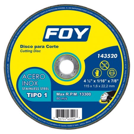 143520 Disco abrasivo tipo 1 para metal  4-1/2" x 1.6 mm Foy