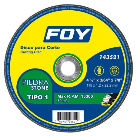 143521 Disco abrasivo tipo 1 para piedra 4-1/2" x 1.2 mm Foy