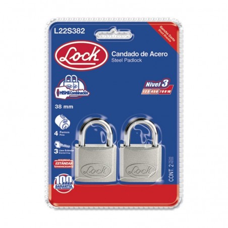 L22S382 Candado acero corto llave estándar 2 pzs cromo satinado Lock