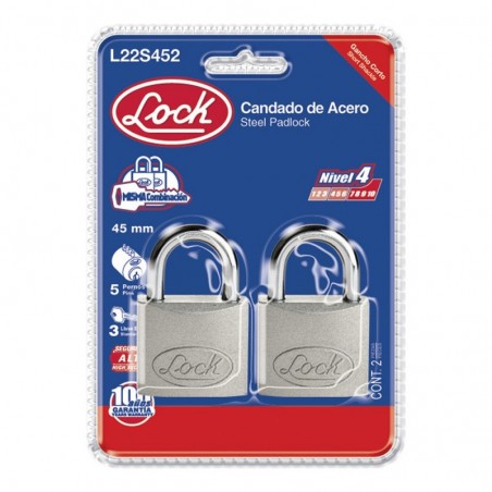 L22S452 Candado acero corto llave estándar 2 pzs cromo satinado Lock