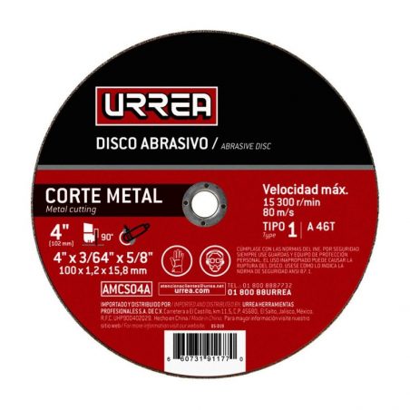 AMCS04A Disco abrasivo tipo 1 para metal 4" x 3/64" Urrea