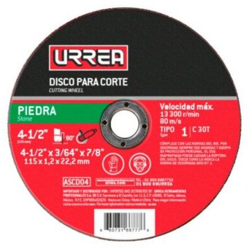 ASCD04 Disco abrasivo tipo 1 para piedra 4-1/2" x 3/64" Urrea