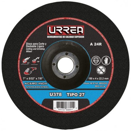 U378 Disco abrasivo tipo 27 para acero inoxidable 7" x 5/32" Urrea