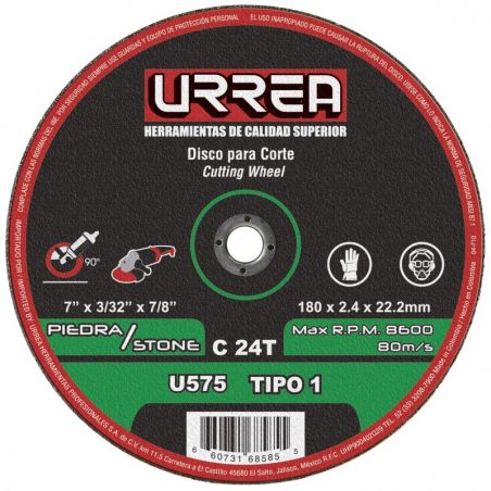U575 Disco abrasivo tipo 1 para piedra 7" x 3/32" Urrea