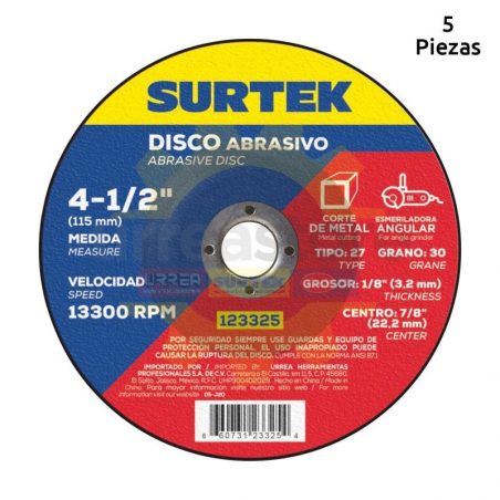 123325 Disco t/27 metal 4-1/2x1/8 pulgadas Surtek