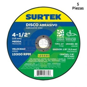 123330 Disco abrasivo tipo 27 para piedra 4-1/2" x 1/8" Surtek