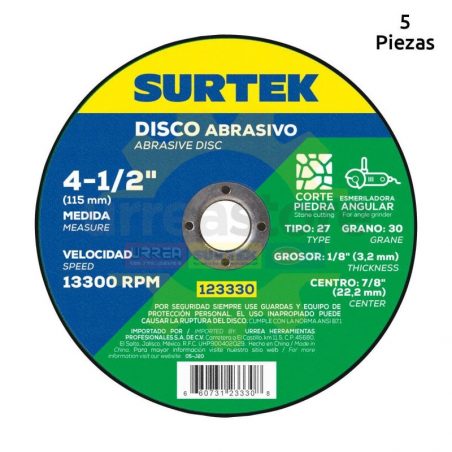 123330 Disco t/27 piedra 4-1/2x1/8 pulgadas Surtek